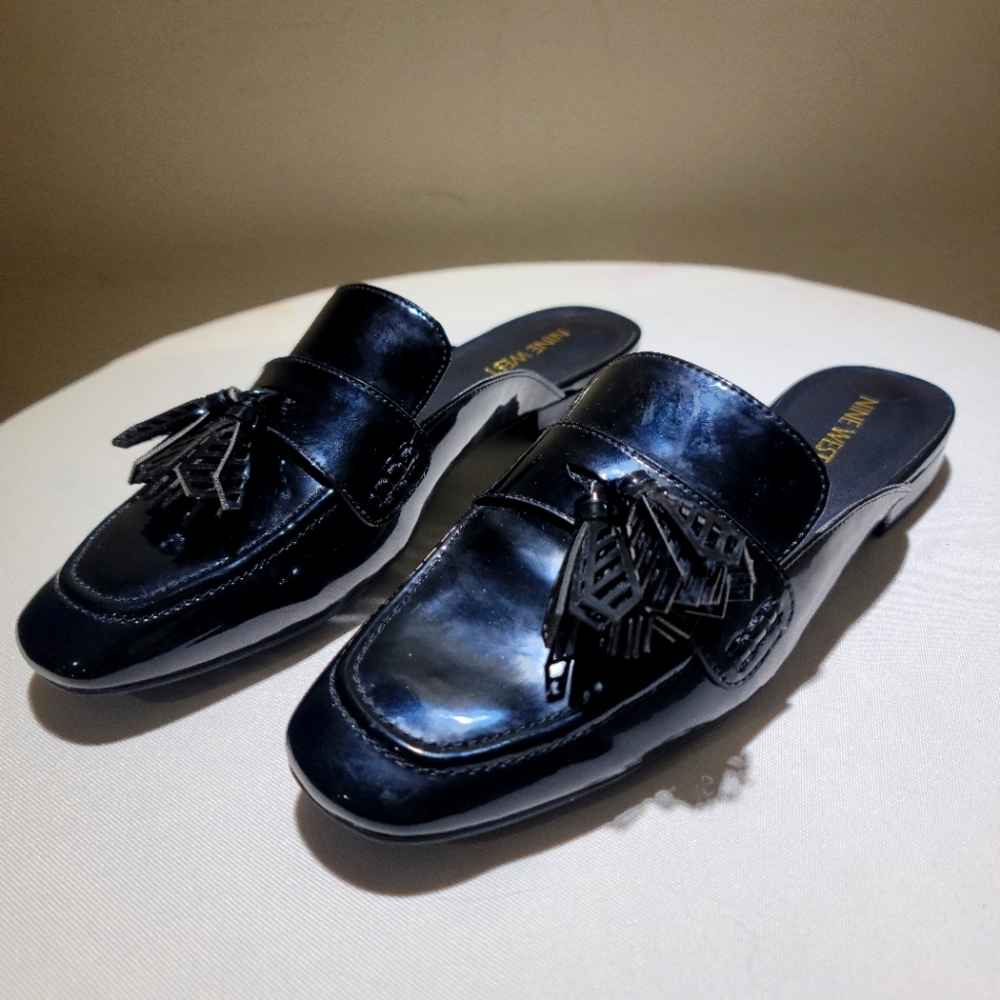 Nine West Xenisa Womens Black Patent Leather Penny Loafer Mule Flat Size 8 1/2